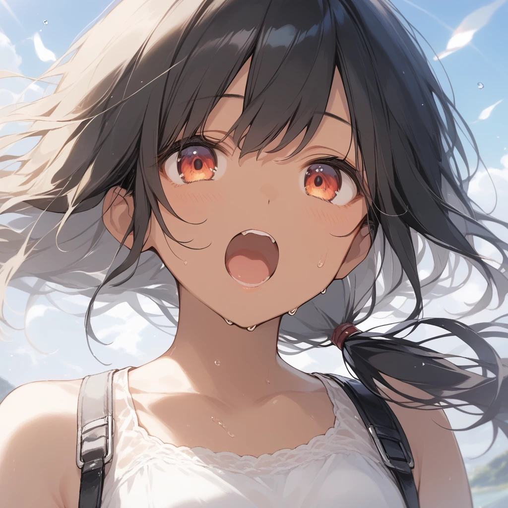 score_9, score_8_up, score_7_up, source_anime, best quality, masterpiece, official art, absurdres, highres, ultra-detailed,waifu2x,Collection: Slice of Life,break,1girl, tomboy, dark-skinned female, short hair, low ponytail, small breasts, beautiful detailed eyes, short shorts, sweat, open mouth, (yawn:0.3), sleepily, outdoors, wind, break,(clear line illustration:1.2),very high resolution, very aesthetic, super detailed skin, Best sexual lighting powered by famous artist, 8k,cute picture,beauty illustration,photoshop_(medium),,(Detailed Lighting),best anime 8k konachan wallpaper, pixiv contest winner,