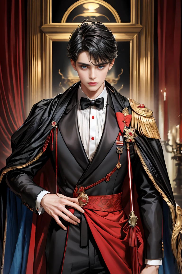 
masterpiece, 最high quality, high quality, 1 boy, alone, Male focus, Watching the audience,  Messy black hair, Adorable big blue eyes, White people, Noble, Noble,Sexy voluminous black and red cape、Tuxedo、A very voluminous, large, very large, very large, long, long red and black cape with a high stand-up collar, reaching down to the floor, made of a lot of fabric., ,Cute beautiful boys,Cute, cute, kind, handsome guy