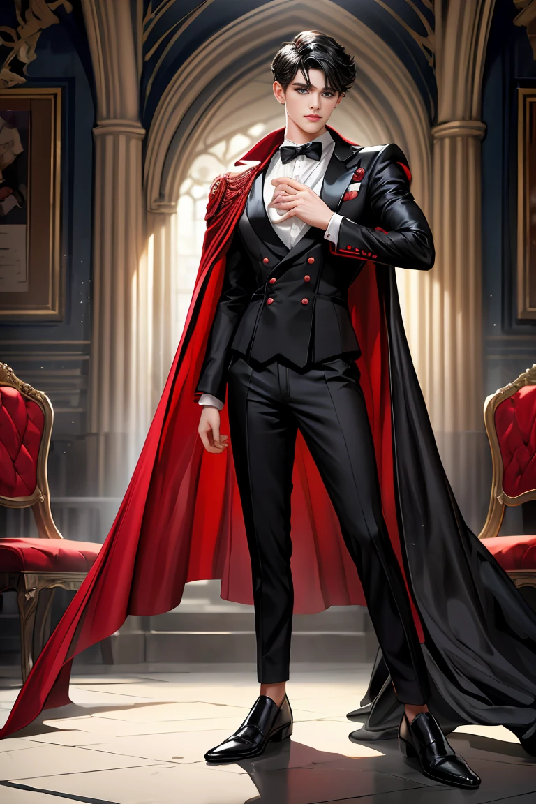 masterpiece, 最high quality, high quality, 1 boy, alone, Male focus, Watching the audience, Messy black hair, Adorable big blue eyes, White people, Noble, Noble,Sexy voluminous black and red cape、Tuxedo、A very voluminous, large, very large, very large, long, long red and black cape with a high stand-up collar, reaching down to the floor, made of a lot of fabric., 17 years old,Cute beautiful boys,Cute, cute, kind, handsome guy