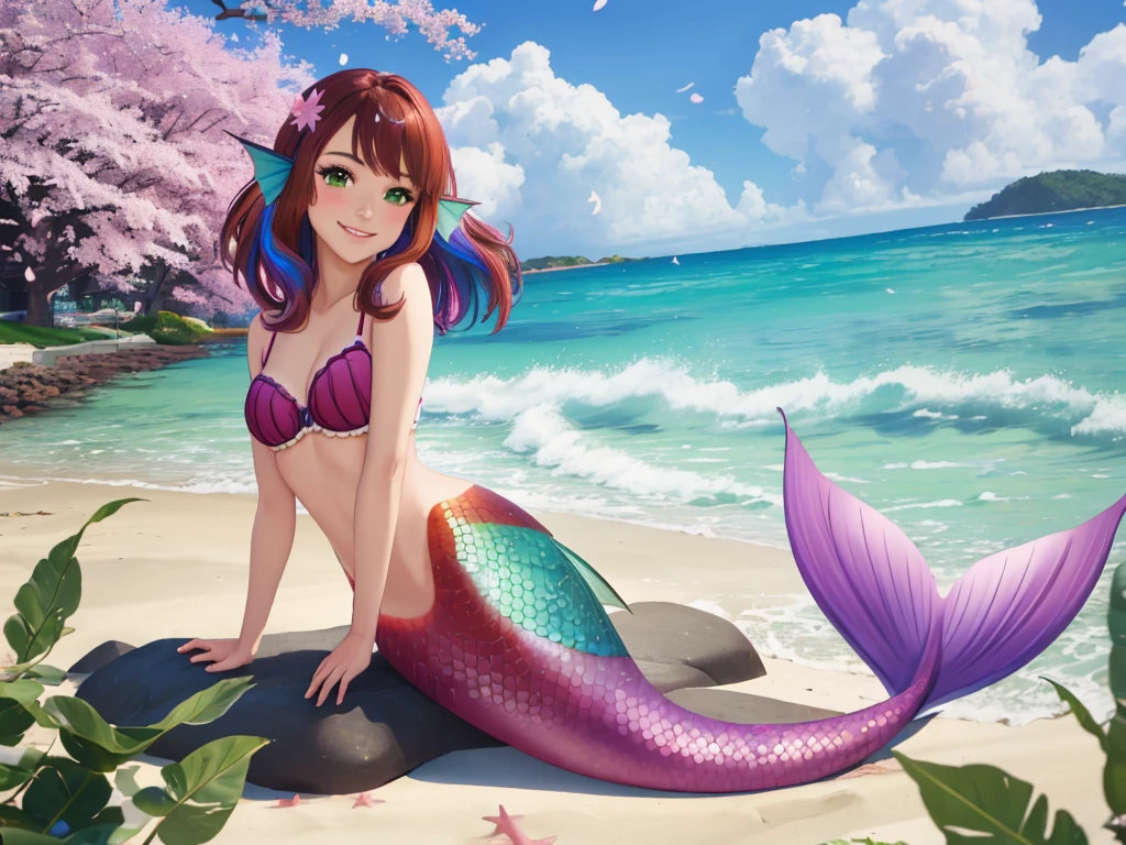 masterpiece, best quality:1.2), 1girl, smile, looking at viewer, green eyes, short brown multicolored hair, mermaid, mermaid girl, wearing purple seashell bra, laying on beach, colorful mermaid tail, outdoors, head fins, fin ears, under cherry blossoms
