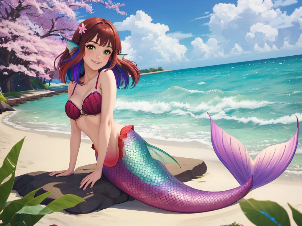 masterpiece, best quality:1.2), 1girl, smile, looking at viewer, green eyes, short brown multicolored hair, mermaid, mermaid girl, wearing purple seashell bra, laying on beach, colorful mermaid tail, outdoors, head fins, fin ears, under cherry blossoms