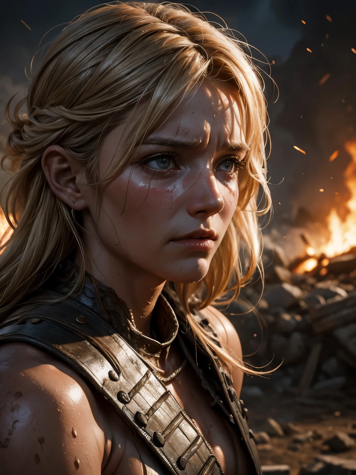 Helen Skelton, Battle of Helm's Deep, close-up action shot from ground level, naked orc warrior, crying, sweating, damp hair, on a bloody battlefield, explosion, fires