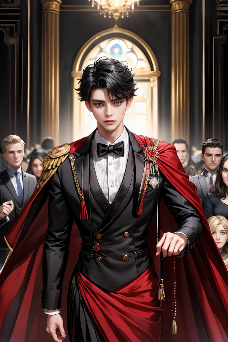 masterpiece, 最high quality, high quality, 1 boy, alone, Male focus, Watching the audience, Messy black hair, Adorable big blue eyes, White people, Noble, Noble,Sexy voluminous black and red cape、Tuxedo、A very voluminous, large, very large, very large, long, long red and black cape with a high stand-up collar, reaching down to the floor, made of a lot of fabric., ,Cute beautiful boys,Cute, cute, kind, handsome guy