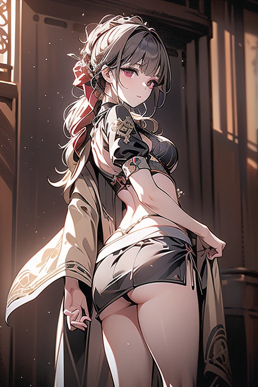 (from below:1.2),(from side:0.9), (Close-Up:0.6), highest quality、(real、photorealistic:1.4)、(RAW photo:1.2)(Curve,Model,glamor:1.5),Beautiful breasts,colour_aberration,beautiful detailed shadow,Beautiful eyes,Beautiful body,Beautiful skin,beautifull hands,(medium_breasts:1.5),1 girl in, (perky chest:1.2), (pointed chest:1.2), dark bronde hair,long hair,side ponytail,hair between eyes,bangs,Purplish brown eyes that dreamers desire, (Blonde hair) , small stature, Colossal tits, Lori, (masutepiece:1.2, Best Quality), (finely detailed beautiful eye: 1.2), (beautifull detailed face), (Best Illumination, extremely delicate and beautiful), ((Cinematic Light)), Dramatic light,Ultra Contrast、Braid a little around the ears, clavicle, red long dress、only has 5 fingers,Her pussy is visible through the see-through white thong、Wet pants、You can see inside your underwear、full of sweat、mocking look、diaper、nffsw,Arms crossed、grab the arm、Shoot from below、The angle is as seen from below.、Best Quality、Large breastuscular pussy:1.2、Pubic hair,high-level image quality、hightquality、8K,perfect hand、5 fingers、finger pin、Perfect Finger、see-through T back、Naked、noise cut、bullet hand、Her hair color should have been a brighter brown,The skirt part is also carefully expressed,brown skirt、the skirt is floating in the wind:1.3、see-through purple panties、Pubic hair majority,(with sparkling eyes and a contagious smile),her thin pubic hair:1.2, looking at viewer