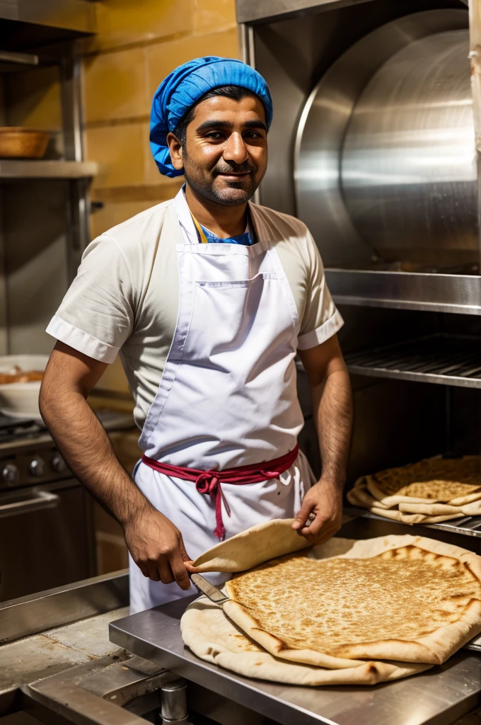 Colorful image of a baker, who bakes Armenian lavash in a tandoor