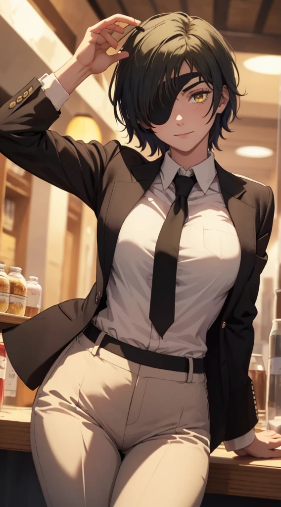 (Tafah, Best quality:1.2), Single, 1girl, Red poetry, Yellow eyes, the hands,, Unbuttoned shirt with white collar, on the chest, a lot of, Black pants unbuttoned, Wide hips, Body shaming, fitness
