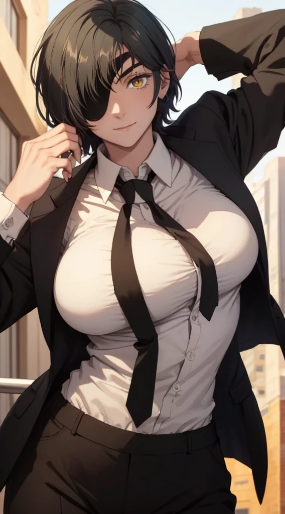 (Tafah, Best quality:1.2), Single, 1girl, Red poetry, Yellow eyes, the hands,, Unbuttoned shirt with white collar, on the chest, a lot of, Black pants unbuttoned, Wide hips, Body shaming, fitness
