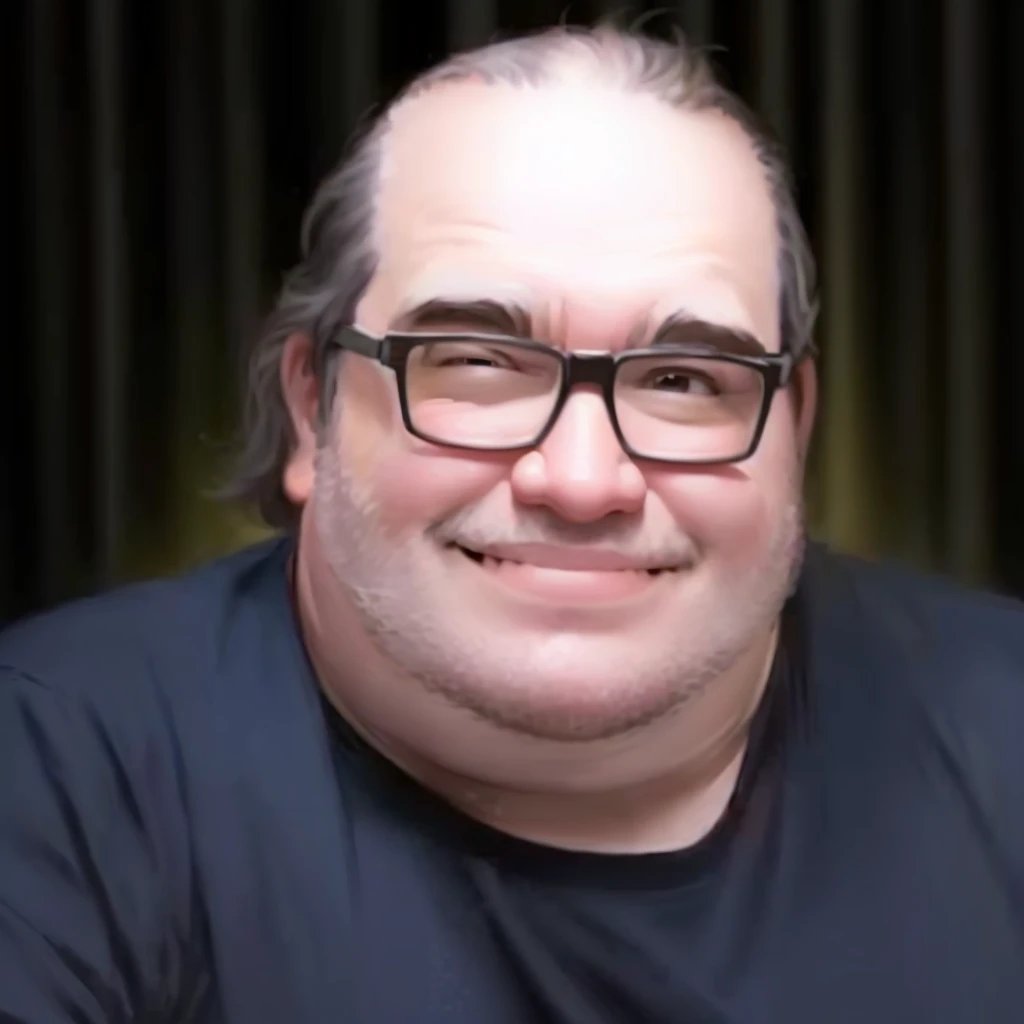 disney pixar style, high quality image. Fat man with glasses, Grinning.