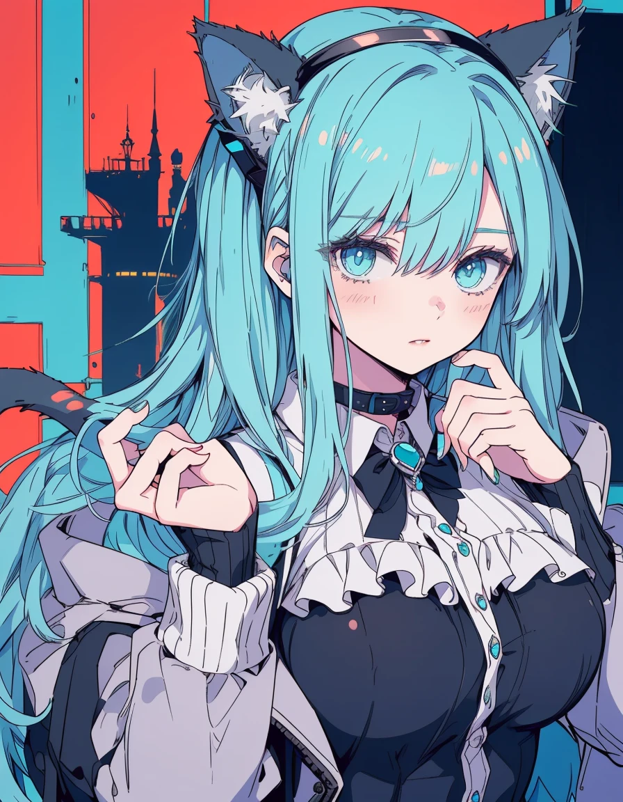 cyber punk, high tower, casual, ((masterpiece, best quality:1.5)), ((Beautiful detailed cat aqua eyes:1.2)), cat ears, pale skin, large breasts, beautiful hands, beautiful fingers, EasyNegative