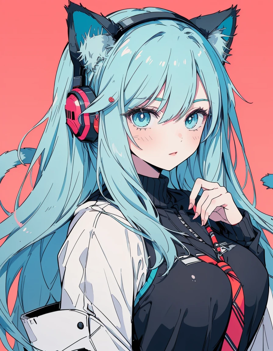 cyber punk, high tower, casual, ((masterpiece, best quality:1.5)), ((Beautiful detailed cat aqua eyes:1.2)), cat ears, pale skin, large breasts, beautiful hands, beautiful fingers, EasyNegative