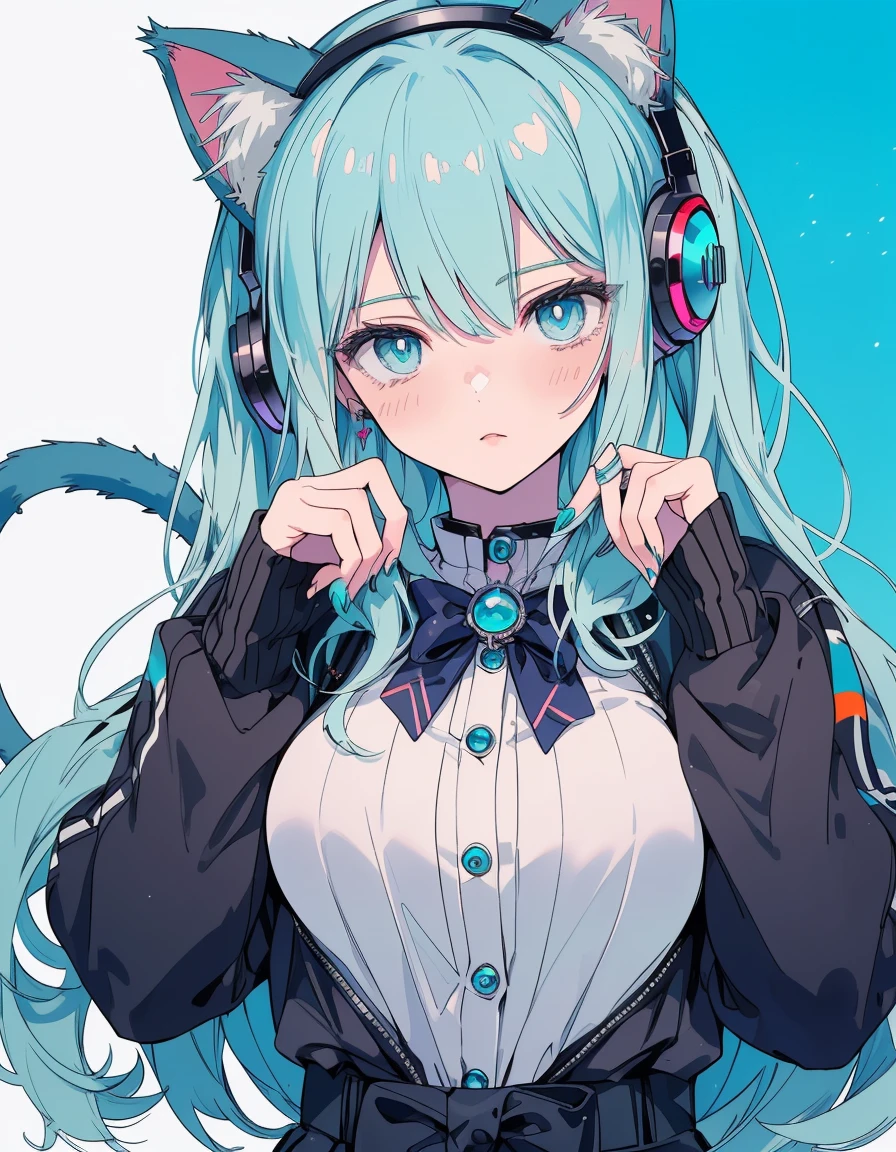 cyber punk, high tower, casual, ((masterpiece, best quality:1.5)), ((Beautiful detailed cat aqua eyes:1.2)), cat ears, pale skin, large breasts, beautiful hands, beautiful fingers, EasyNegative