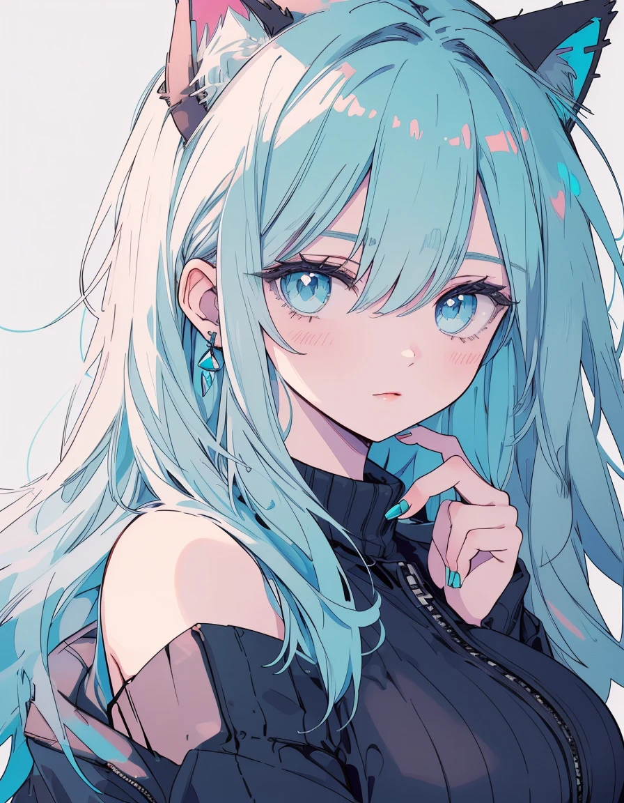 cyber punk, high tower, casual, ((masterpiece, best quality:1.5)), ((Beautiful detailed cat aqua eyes:1.2)), cat ears, pale skin, large breasts, beautiful hands, beautiful fingers, EasyNegative