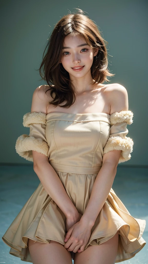 (highest quality, masterpiece, ultra high resolution, photo-realistic:1.4), (portrait, face to face), 1 girl, 20-year-old,Raise your arms and clench your fists, (K-POPアイドルコスチューム), (very short hair),(fluffy, spread hair), (short bangs above the eyebrows,,), (look up at the audience), realistic, (Simple solid color background), picture media chest), (Smile with visible teeth)