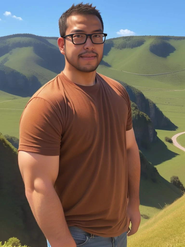 An award-winning original photo，a handsome 38-year-old man, crew cut, (((full body))), (((landscape))), mature man, [slightly fat], asian man, brown eyes, rounded face, glasses, slightly balding, 1boy, Solo, (big shoulders), (((stubbles, Short beard))), (((full beard))), (Beautiful eyes:1.3), (Detailed face:1.3), wearing glasses, (((action pose)))