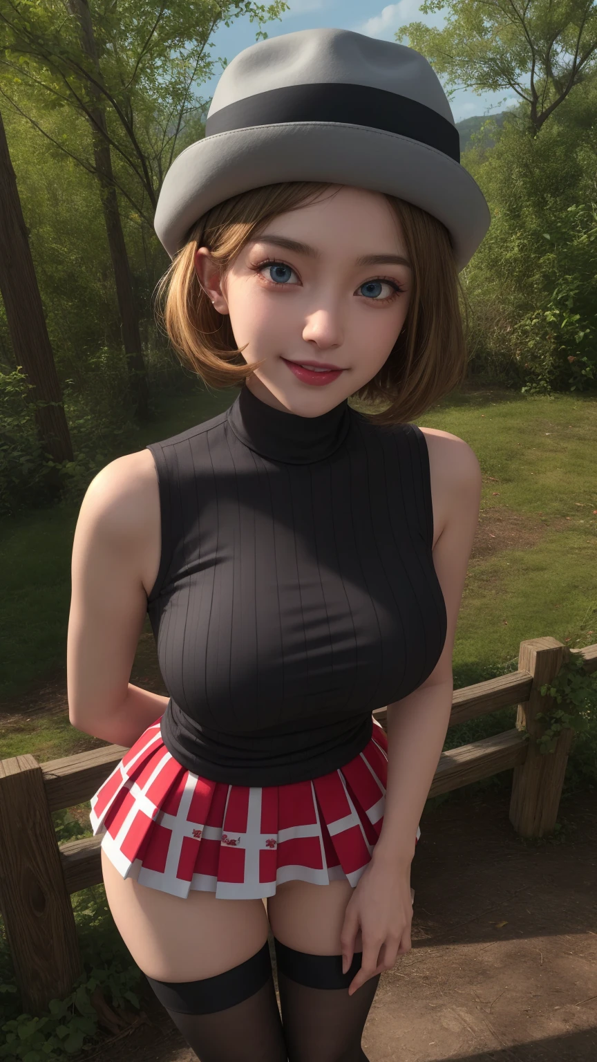 ((Nsfw:1)), pkmnserena, full body, Burst, 1girl, solo, mature girl, blue eyes, blonde hair, short hair, bangs, hat, nipples visible, grey headwear,
black shirt, turtleneck, sleeveless, red skirt, pleated skirt, black thighhighs, big breast, 
smile,closed mouth,cowboy shot,sex pose,
forest,outdoor,
(insanely detailed, beautiful detailed face, masterpiece, best quality) cinematic lighting,