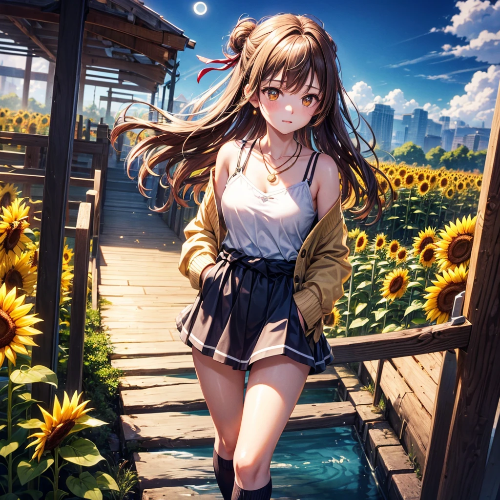 Red, brown, gold, gold hair、Golden Eyes、Hair tied up、One good looking girl、solo、anime、Checkered mini skirt、Ruffles on the skirt、camisole、camisole、Lightweight cardigan、Black knee-high socks、Wearing a baseball cap、Ribbon、Ribbon on waist、Teeth are visible、Sunset sky、Cumulonimbus、Silver coin necklace、shine、From above、Sparks are flying、tunnel、Cobblestones、Hands in pockets、waterfall、Clear Stream、Sunflower field、Have sunflowers、Midnight Moon