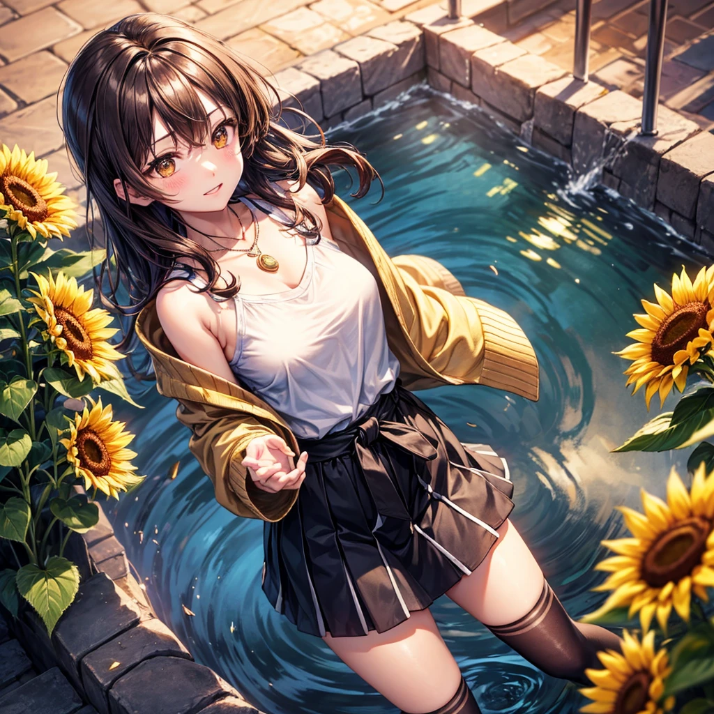 Red, brown, gold, gold hair、Golden Eyes、Hair tied up、One good looking girl、solo、anime、Checkered mini skirt、Ruffles on the skirt、camisole、camisole、Lightweight cardigan、Black knee-high socks、Wearing a baseball cap、Ribbon、Ribbon on waist、Teeth are visible、Sunset sky、Cumulonimbus、Silver coin necklace、shine、From above、Sparks are flying、tunnel、Cobblestones、Hands in pockets、waterfall、Clear Stream、Sunflower field、Have sunflowers、Midnight Moon