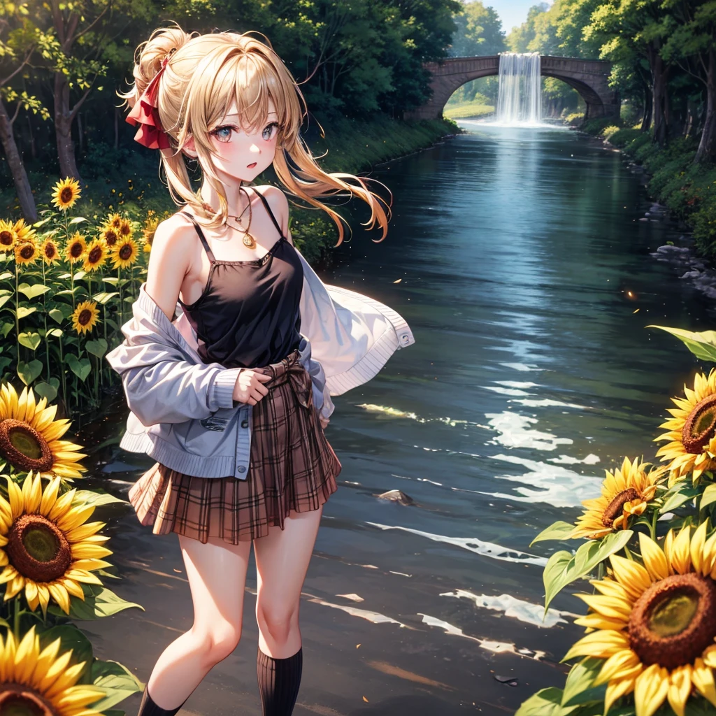 Red, brown, gold, gold hair、Golden Eyes、Hair tied up、One good looking girl、solo、anime、Checkered mini skirt、Ruffles on the skirt、camisole、camisole、Lightweight cardigan、Black knee-high socks、Wearing a baseball cap、Ribbon、Ribbon on waist、Teeth are visible、Sunset sky、Cumulonimbus、Silver coin necklace、shine、From above、Sparks are flying、tunnel、Cobblestones、Hands in pockets、waterfall、Clear Stream、Sunflower field、Have sunflowers、Midnight Moon