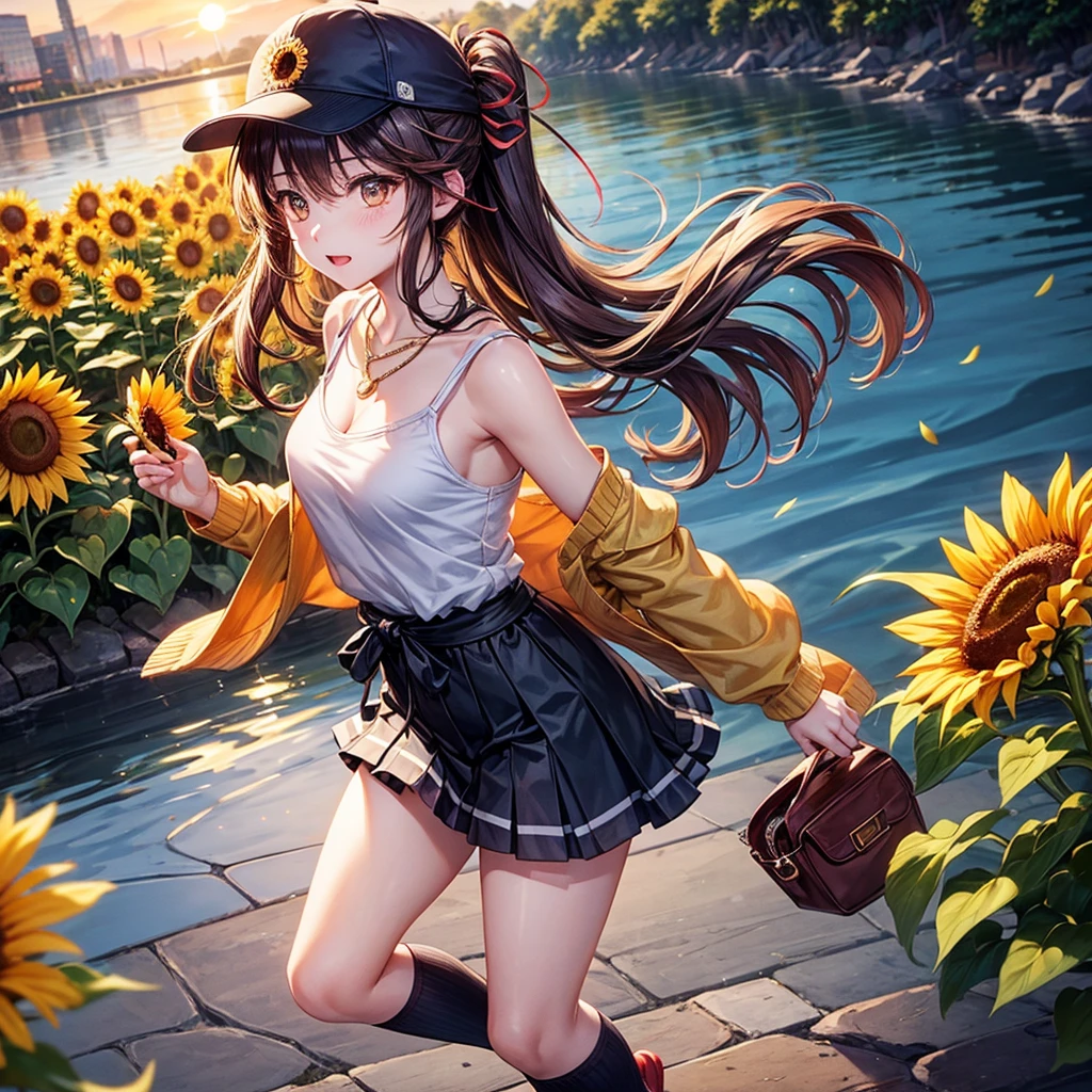 Red, brown, gold, gold hair、Golden Eyes、Hair tied up、One good looking girl、solo、anime、Checkered mini skirt、Ruffles on the skirt、camisole、camisole、Lightweight cardigan、Black knee-high socks、Wearing a baseball cap、Ribbon、Ribbon on waist、Teeth are visible、Sunset sky、Cumulonimbus、Silver coin necklace、shine、From above、Sparks are flying、tunnel、Cobblestones、Hands in pockets、waterfall、Clear Stream、Sunflower field、Have sunflowers、Midnight Moon