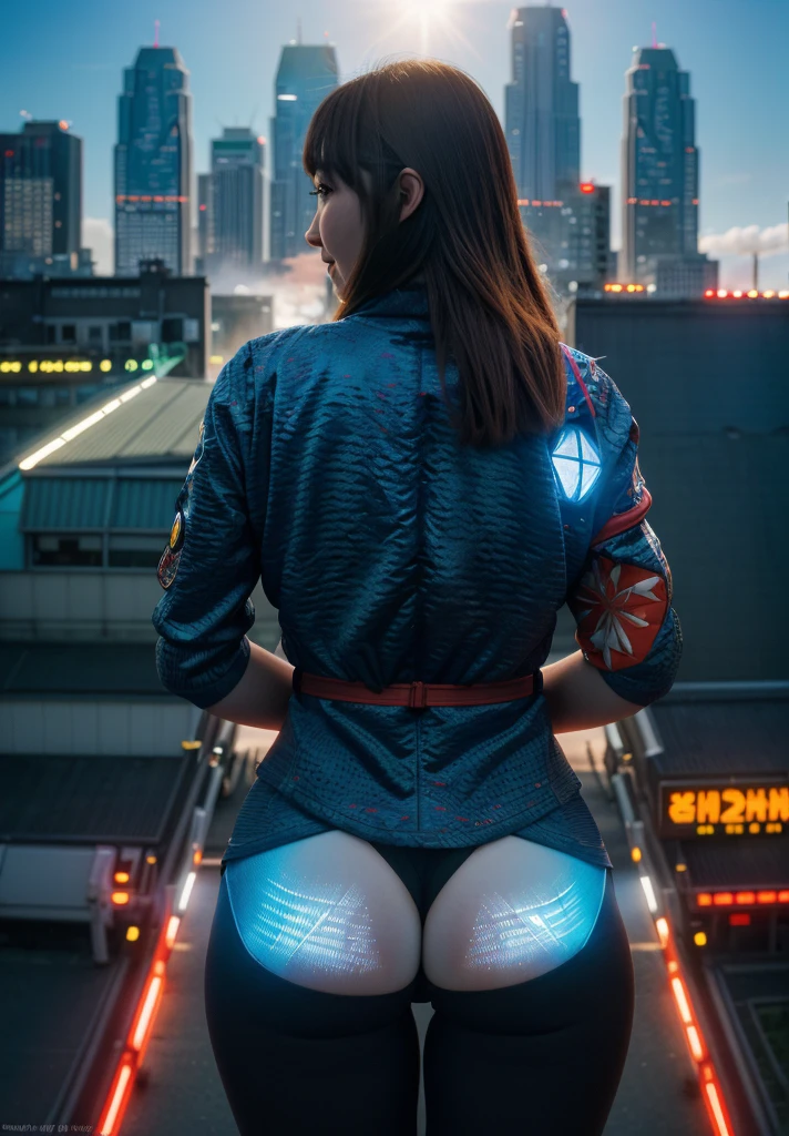 A godzilla holding a beautiful ultraman woman with a beautiful face, from behind while laugh in front of the city, bright and colorful light, realistic, very realistic, detail, extremely detail, photography, cinematic, double exposure, UHD 8k