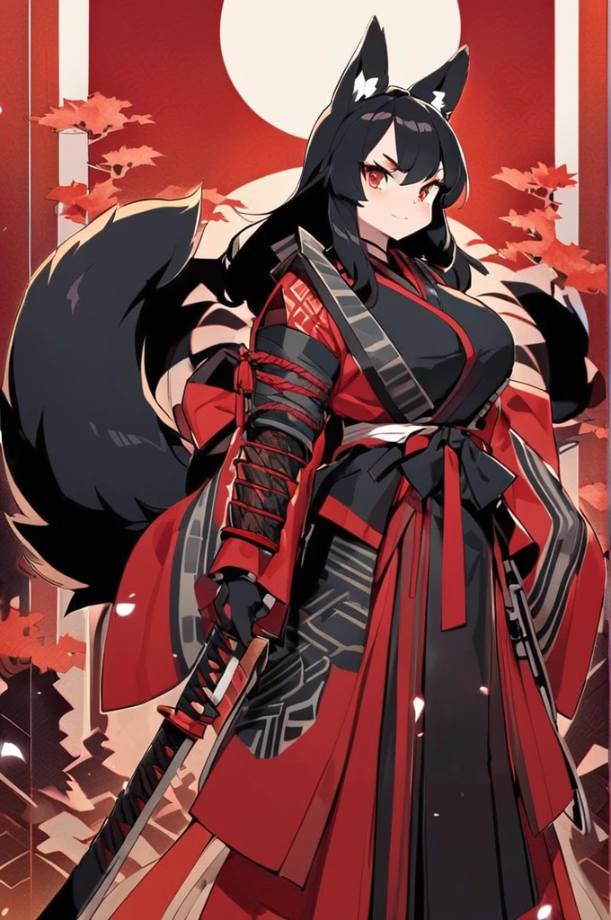 Dog woman, tall, brunette, long black hair, defined, large breasts, long and furry tail, dressed like a Ronin , a
sheathed katana, Crimson leaf forest background