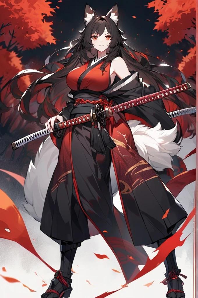 Dog woman, tall, brunette, long black hair, defined, large breasts, long and furry tail, dressed like a Ronin , a
sheathed katana, Crimson leaf forest background