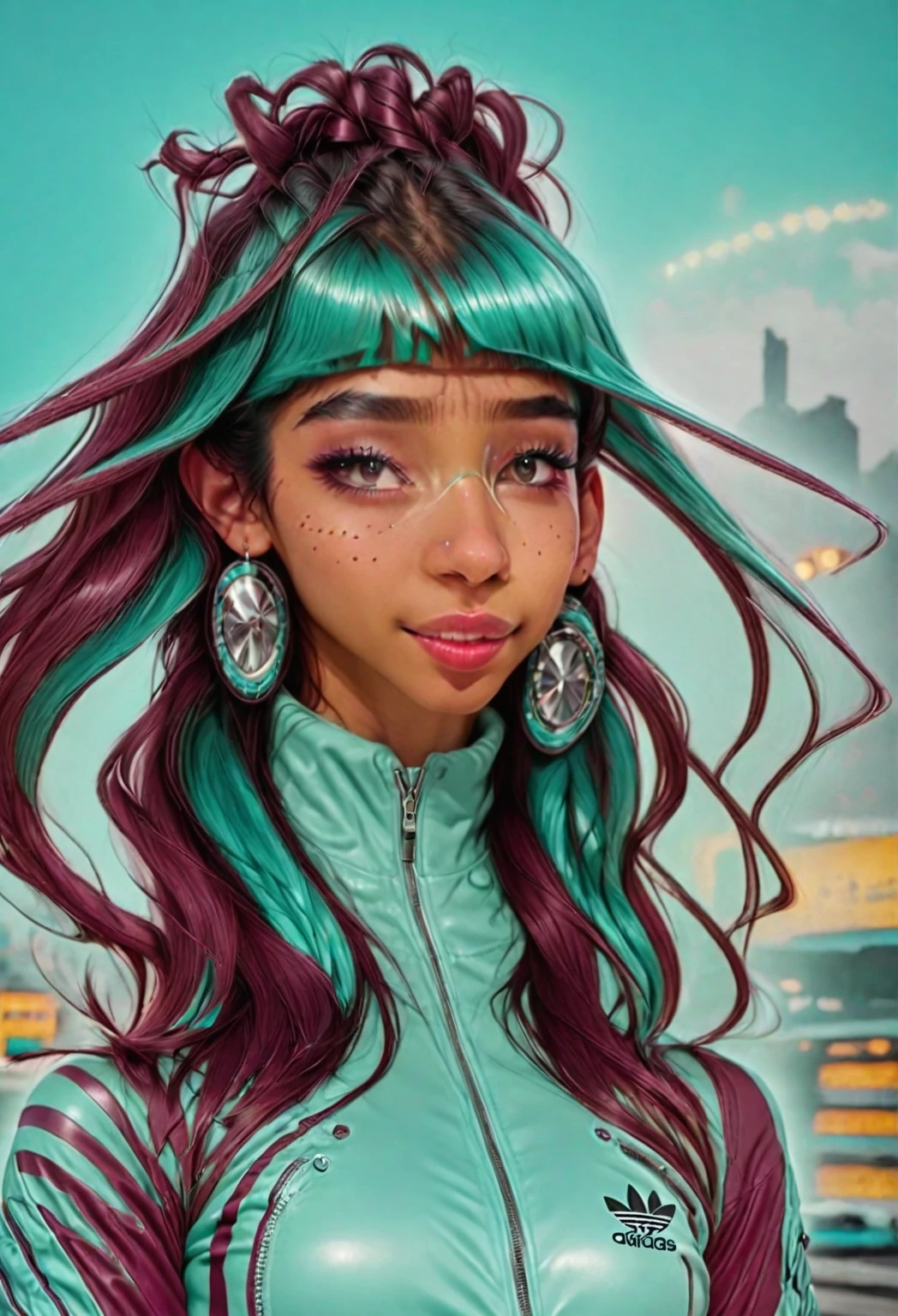 She is in a disco, cute girl, Latina, button nose, age 23, young. ights on her skin cute indian woman with a button nose, age 23, young. ative American-style hair, maybe ponytails. eautiful, 1980s hip hop clothing,. maroon leather jacket with many silver zippers. ippers are angled. nd shinny. ling bling. air, in a 1970s
2077_Style, glowing earings. uturistic tech glasses, MR glasses. n beautiful. he is shown from the waist up. h is looking aways from the camera. ity in the background. he is wearing an Adidas maroon turtle neck, with aqua blue, touquise. hree stripes. didas. osed from the waist up. looking aways from the viewer. freckles smiling with a separate buck teeth.