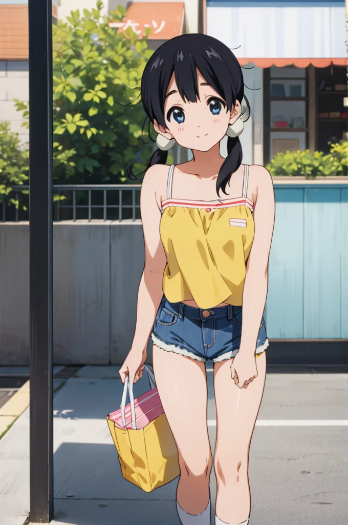  solo, 1girl, tamako kitashirakawa, , looking at viewer, smile, ,,outdoor,socks,camisole,denim shorts