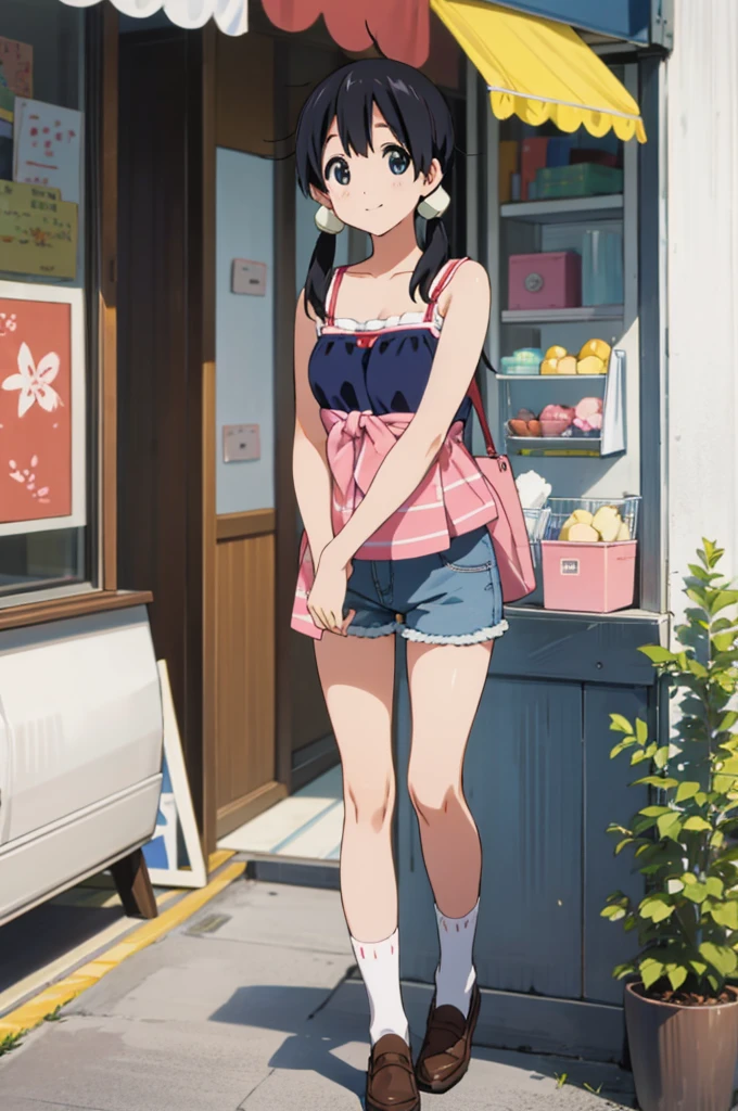  solo, 1girl, tamako kitashirakawa, , looking at viewer, smile, ,,outdoor,socks,camisole,denim shorts