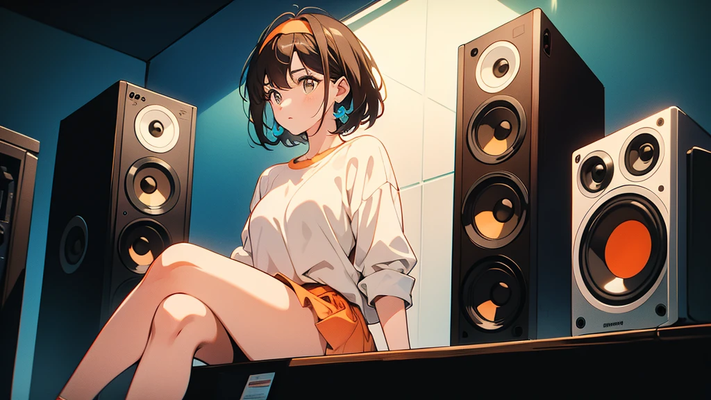 A woman with short brown hair sitting in front of a speaker. The woman has an orange headband, large eyes, and a simple white shirt. Audio equipment can be seen in the background.4k