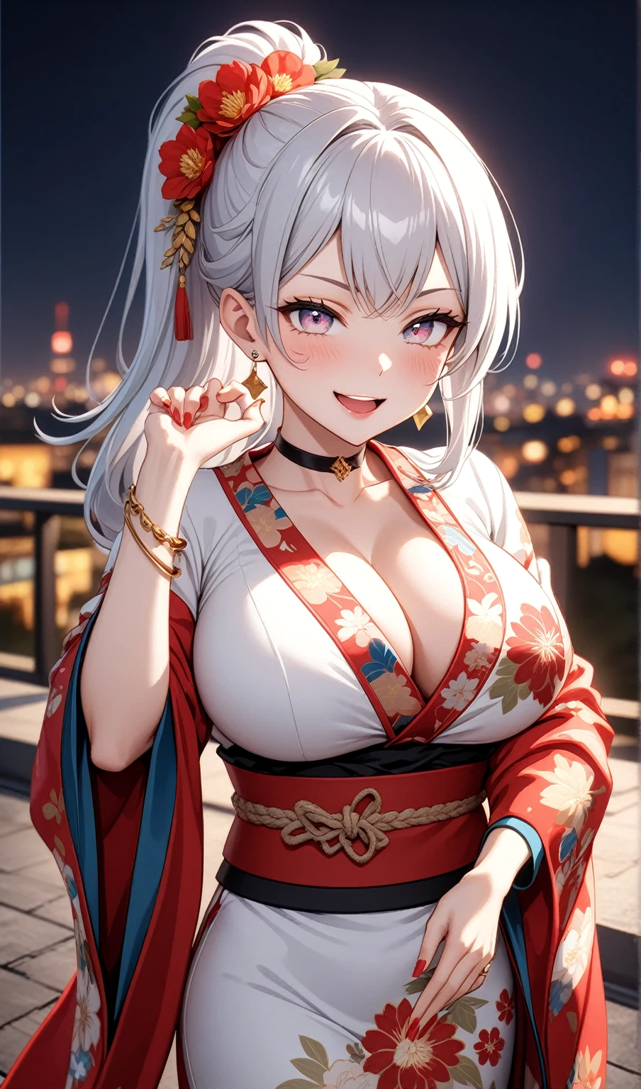 ((One personの女性)), Beautiful Face, ((Wink:2.0)), ((double peace)), (head tilt), Laugh with your mouth wide open,((Bright red cheeks:1.3)),Shiny red lips,night,rooftop,You can see the ocean, firework,Laughing with your mouth open,Glossy pink lips,Facial lighting,((Makoto Shinkai-style background)),masterpiece, Highest quality, so beautiful,up to date, Complex details, (Pink long nails), (4fingers and 1thumbs), (ring),(bracelet),(choker),AI-generated, Complex,High resolution, Highest quality, super high quality,3D Images、3D Images,One person,Long white hair,High Ponytail,(blue eyes),Anime woman posing for a photo, ((Fine grain、Silvery white colorful eyes、Shining Eyes:1.3)),(Squint your eyes:1.1),a hyperRealistic , hyperRealistic , Realistic,Anime woman with long white hair, Smooth anime CG art, A woman in a colorful kimono with gold embroidery, (Black long sleeve kimono),Red floral pattern,Long flower hair ornament,Earrings,Mature Body,(Big Breasts:1.1),Tall,Abdominal muscles,Narrow waist,(Zoom up to face:1.7),Shooting from diagonally below