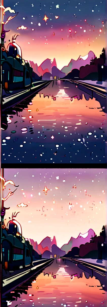 High quality masterpiece, landscape, Animated train passing through water on the tracks, Bright starry sky. Romantic Train, Pixiv, Concept Art, Lofi Art style, reflection. by Makoto Shinkai, Lofi Art, Beautiful anime scene, Anime landscape, 詳細なlandscape —幅672, in Makoto Shinkai's Style, Makoto Shinkai's Style, Enhanced Details.