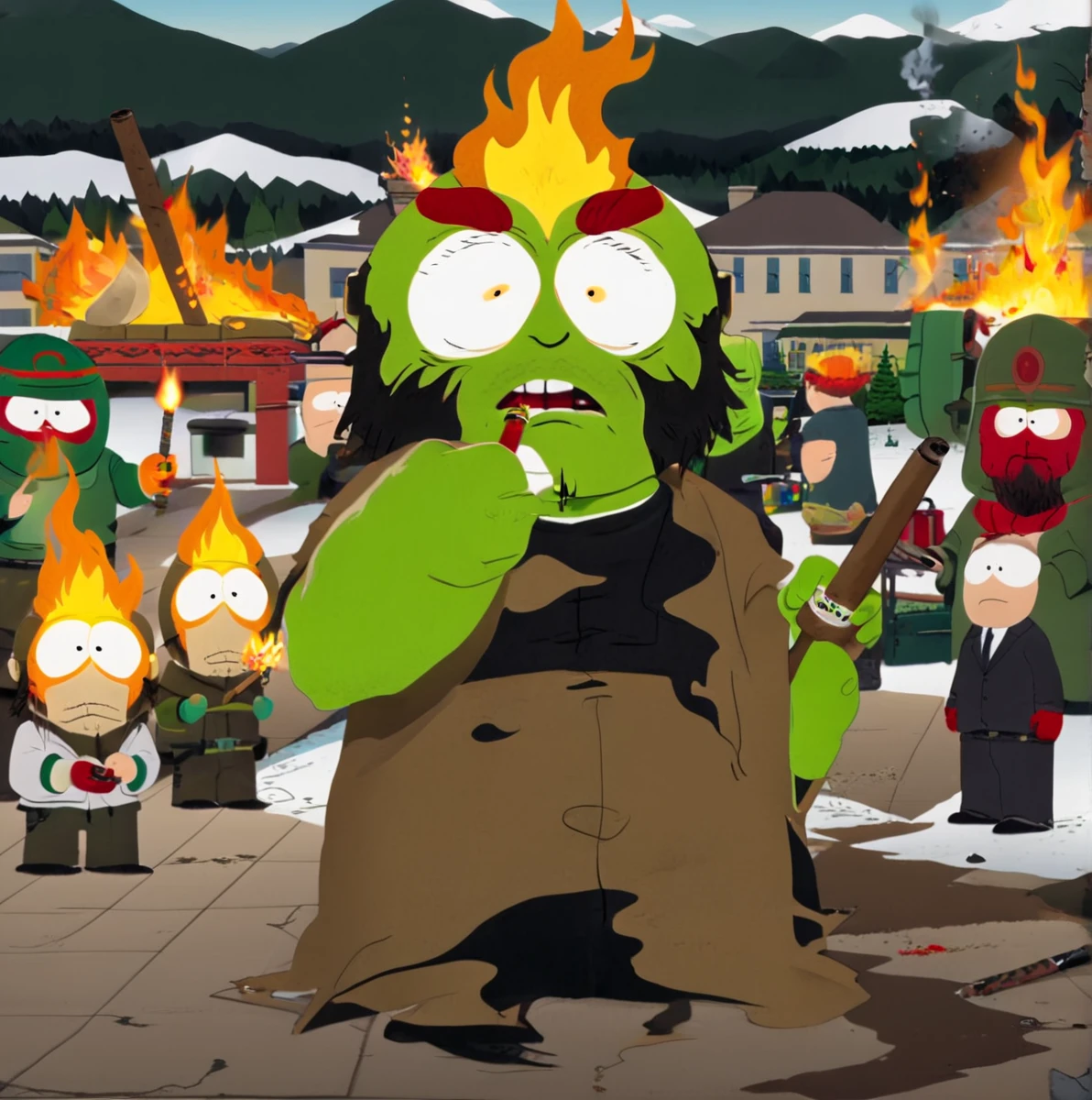 Punk Rock Music Video, Hellboy, holding cigar, Evil angry, South Park Studio on Fire and Biggest Explosion