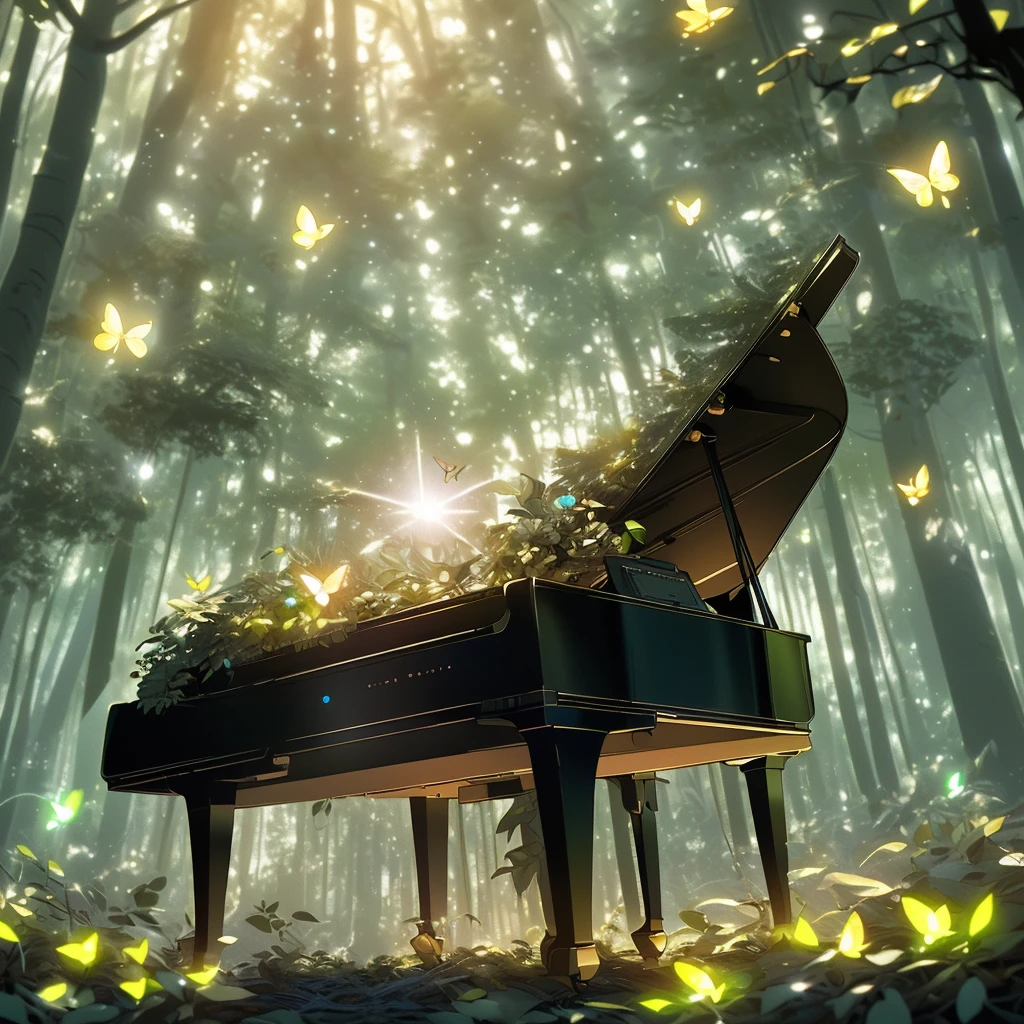 There is a white piano in the forest,piano glow,tall trees, firefly,Small animalasterpiece, the best quality, best reflection ever. (Very detailed CG unified 8k wallpaper), (best quality), (Best illustration), (Best shadows), forest theme with natural elements. small glowing mushrooms surrounded by delicate Leaves and branches, with firefly and glowing particle effect,, (natural elements), (jungle theme), (Leaves), (branches), (firefly), Butterfly, (delicate Leaves), (glow), (particle effect). , Isometric 3D, octane rendering, Ray tracing, super detailed