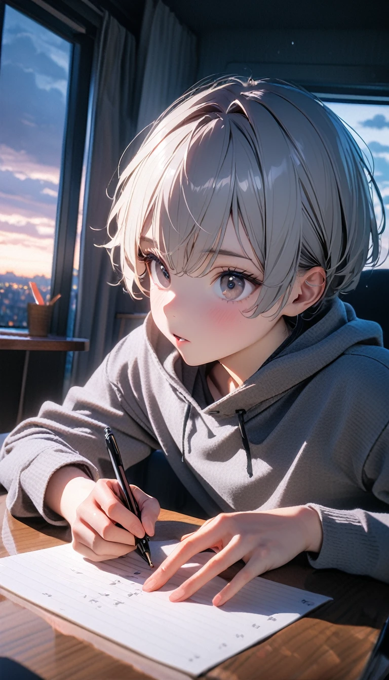 (8K, RAW photos, best quality, masterpiece: 1.4), (((Boy writing with pen on table))),Ultra-high resolution, Extremely detailed, light, Desk lamp close-up, handsome boy, black eyes, (delicate eyes, Eyes are bright:1.2), Gray short hair, Fair skin,dark, Grey sweatshirt, sweatshirt with hood,(perfect anatomy:1.2), High-quality shadows, Natural Lighting, (White highlights:1.2), night, cloudy day, (at home:1.2), (Practice writing on the table:1.2)