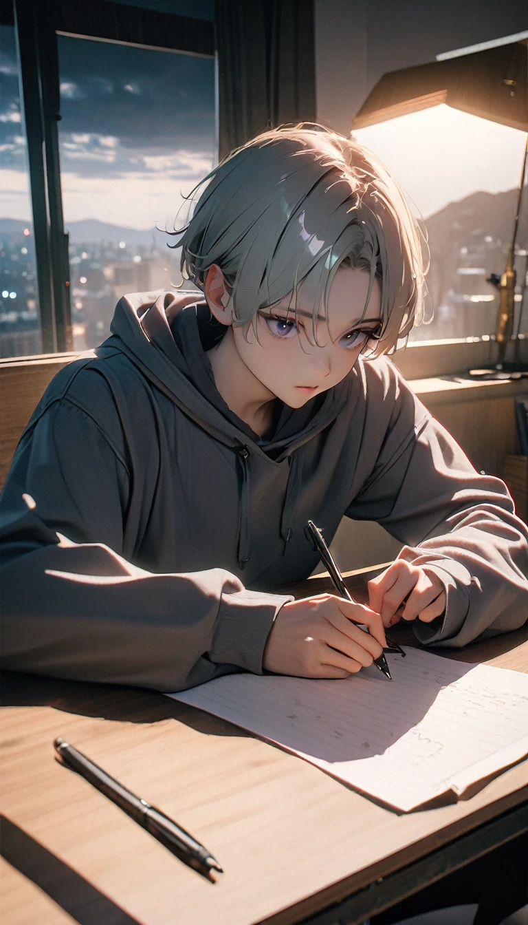 (8K, RAW photos, best quality, masterpiece: 1.4), (((Boy writing with pen on table))),Ultra-high resolution, Extremely detailed, light, Desk lamp close-up, handsome boy, black eyes, (delicate eyes, Eyes are bright:1.2), Gray short hair, Fair skin,dark, Grey sweatshirt, sweatshirt with hood,(perfect anatomy:1.2), High-quality shadows, Natural Lighting, (White highlights:1.2), night, cloudy day, (at home:1.2), (Practice writing on the table:1.2)