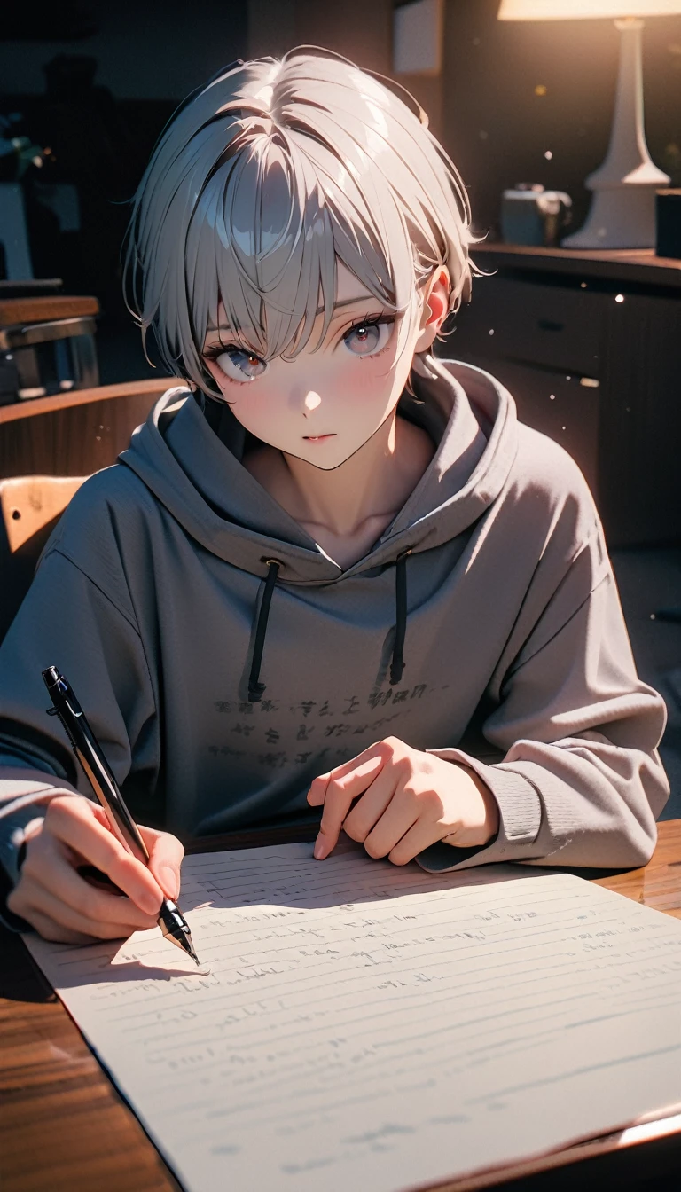 (8K, RAW photos, best quality, masterpiece: 1.4), (((Boy writing with pen on table))),Ultra-high resolution, Extremely detailed, light, Desk lamp close-up, handsome boy, black eyes, (delicate eyes, Eyes are bright:1.2), Gray short hair, Fair skin,dark, Grey sweatshirt, sweatshirt with hood,(perfect anatomy:1.2), High-quality shadows, Natural Lighting, (White highlights:1.2), night, cloudy day, (at home:1.2), (Practice writing on the table:1.2)