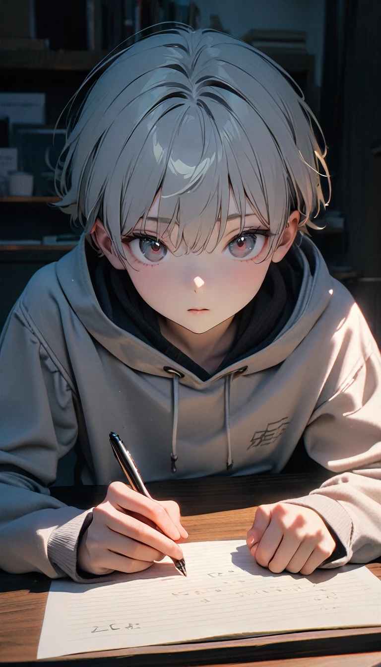 (8K, RAW photos, best quality, masterpiece: 1.4), (((Boy writing with pen on table))),Ultra-high resolution, Extremely detailed, light, Desk lamp close-up, handsome boy, black eyes, (delicate eyes, Eyes are bright:1.2), Gray short hair, Fair skin,dark, Grey sweatshirt, sweatshirt with hood,(perfect anatomy:1.2), High-quality shadows, Natural Lighting, (White highlights:1.2), night, cloudy day, (at home:1.2), (Practice writing on the table:1.2)