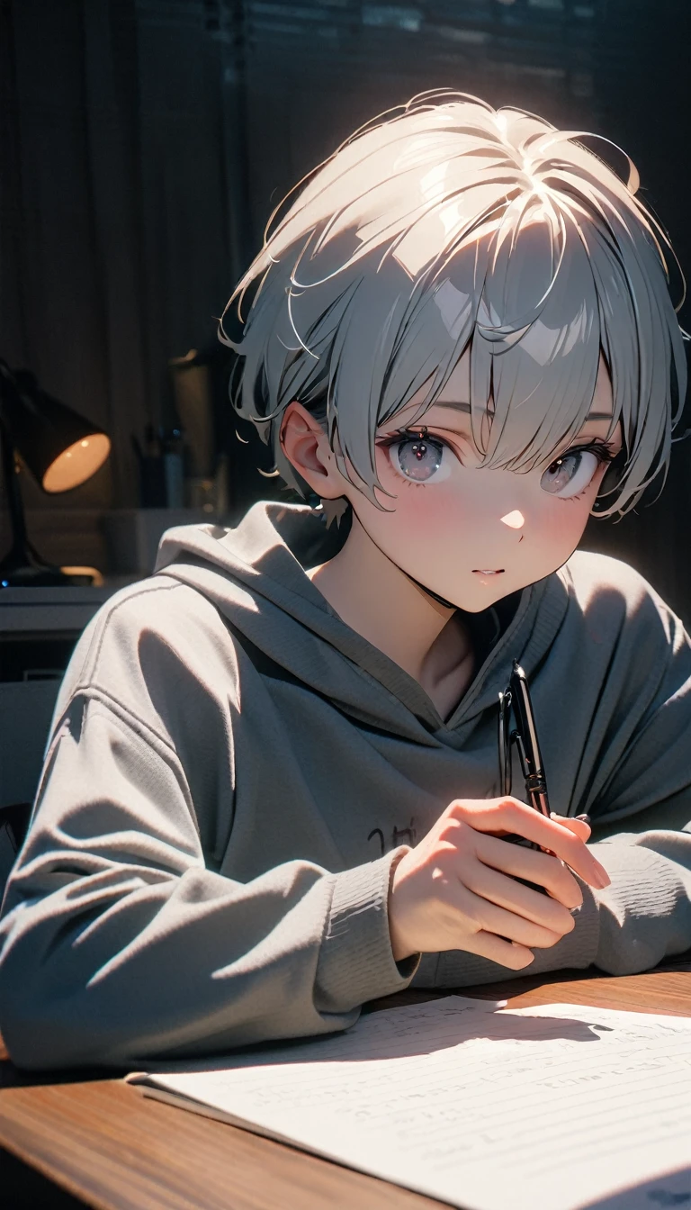 (8K, RAW photos, best quality, masterpiece: 1.4), (((Boy writing with pen on table)))，Ultra-high resolution, Extremely detailed, light, Desk lamp close-up, handsome boy, black eyes, (delicate eyes, Eyes are bright:1.2), Gray short hair, Fair skin,dark, Grey sweatshirt, sweatshirt with hood,(perfect anatomy:1.2), High-quality shadows, Natural Lighting, (White highlights:1.2), night, cloudy day, (at home:1.2), (Practice writing on the table:1.2)