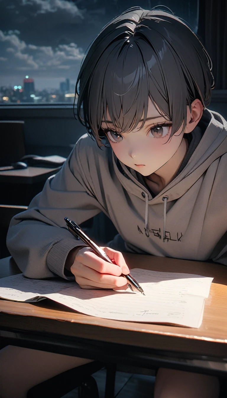 (8K, RAW photos, best quality, masterpiece: 1.4), (((Boy writing with pen on table)))，Ultra-high resolution, Extremely detailed, light, Desk lamp close-up, handsome boy, black eyes, (delicate eyes, Eyes are bright:1.2), Gray short hair, Fair skin,dark, Grey sweatshirt, sweatshirt with hood,(perfect anatomy:1.2), High-quality shadows, Natural Lighting, (White highlights:1.2), night, cloudy day, (at home:1.2), (Practice writing on the table:1.2)
