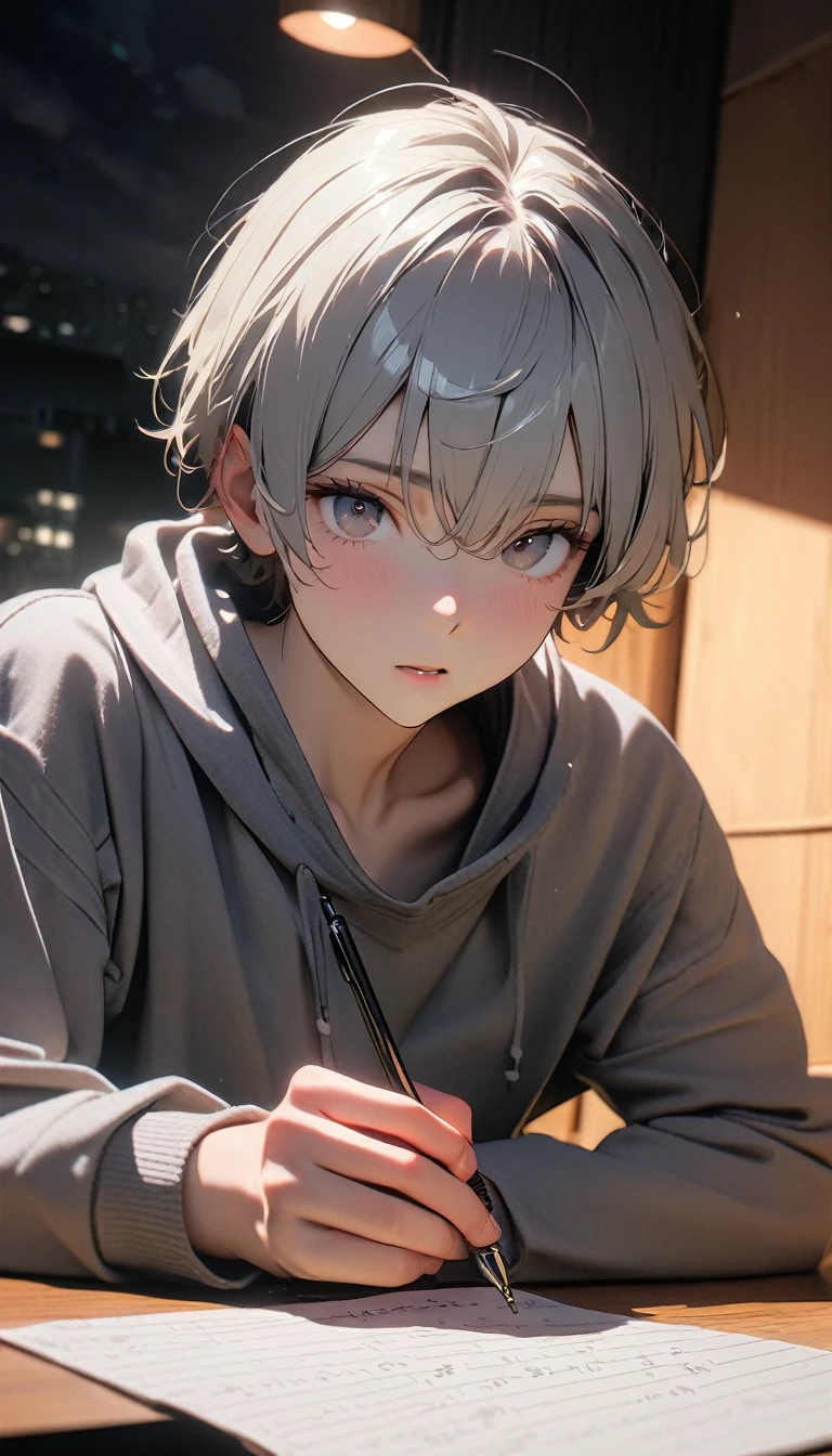 (8K, RAW photos, best quality, masterpiece: 1.4), (((Boy writing with pen on table))),Ultra-high resolution, Extremely detailed, light, Desk lamp close-up, handsome boy, black eyes, (delicate eyes, Eyes are bright:1.2), Gray short hair, Fair skin,dark, Grey sweatshirt, sweatshirt with hood,(perfect anatomy:1.2), High-quality shadows, Natural Lighting, (White highlights:1.2), night, cloudy day, (at home:1.2), (Practice writing on the table:1.2)