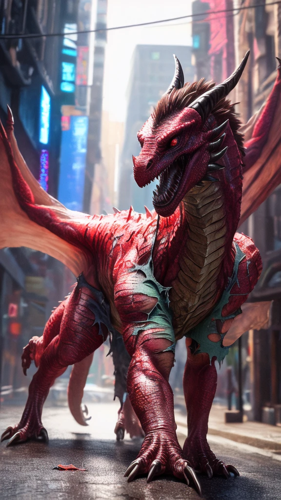 a beautiful girl with long brown hair, torn clothes, tattered clothes, human face, screaming in terror, standing on a street corner, (best quality,4k,8k,highres,masterpiece:1.2),ultra-detailed,(realistic,photorealistic,photo-realistic:1.37),award winning,transformation,magma dragon,dragon,intricate details,photorealistic,cinematic lighting,volumetric lighting,depth of field,beautiful face,striking pose,dynamic composition,vivid colors,warm tones