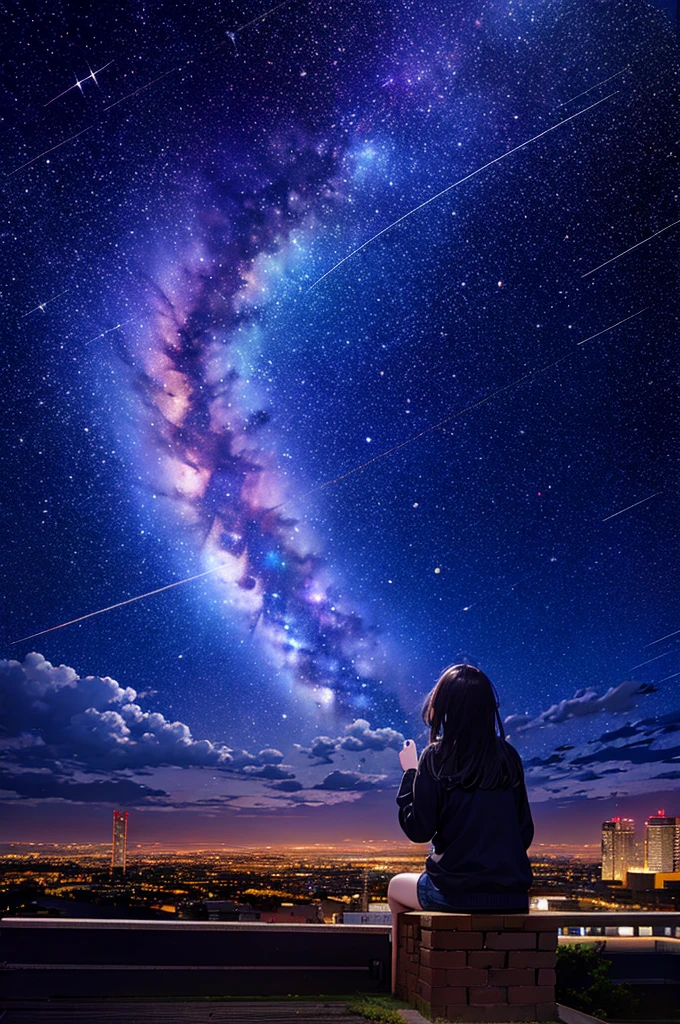 octans, sky, star (sky), scenery, starry sky, night, 1girl, night sky, solo, outdoors, building, cloud, milky way, sitting, tree, long hair, city, silhouette, cityscape