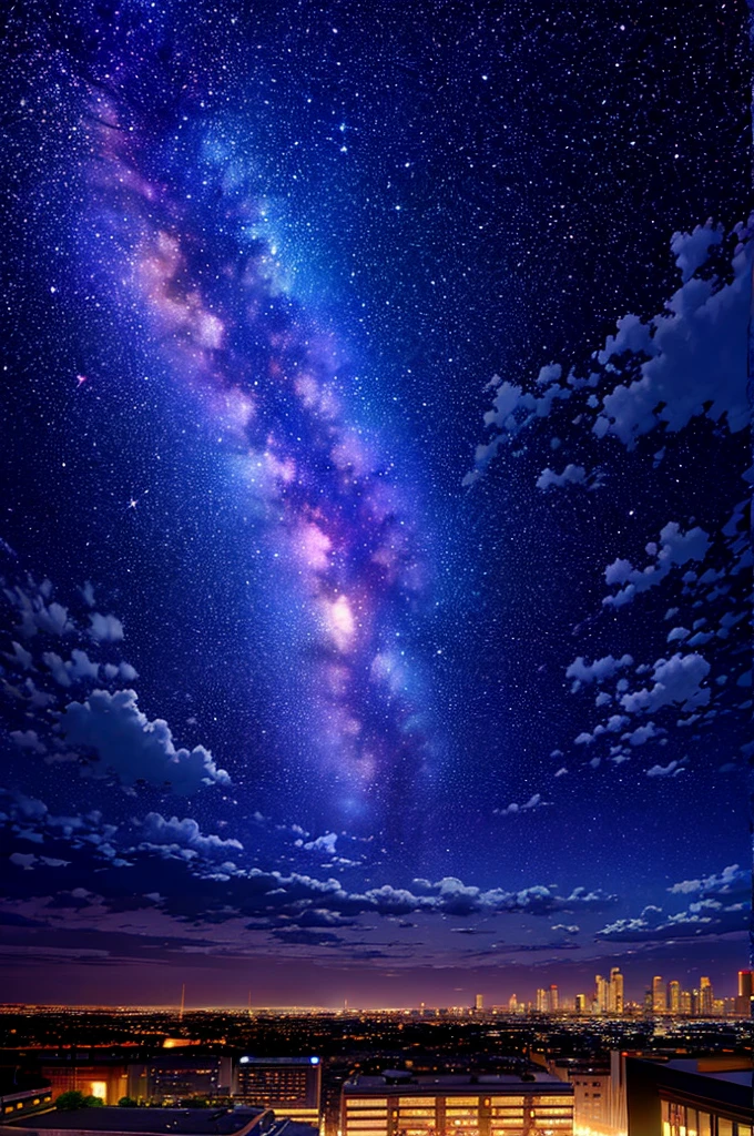 octans, sky, star (sky), scenery, starry sky, night, 1girl, night sky, solo, outdoors, building, cloud, milky way, sitting, tree, long hair, city, silhouette, cityscape