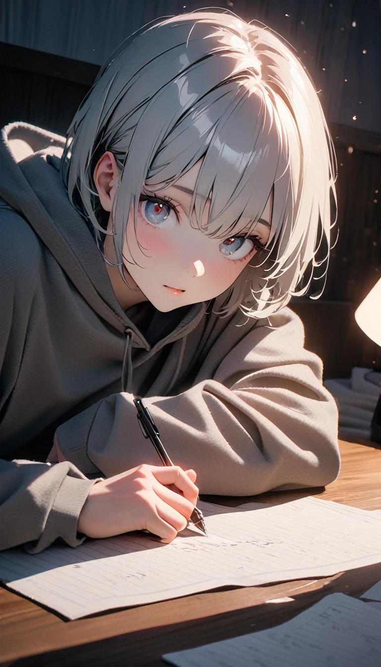 (8K, RAW photos, best quality, masterpiece: 1.4), (((Boy writing with pen on table)))，Ultra-high resolution, Extremely detailed, light, Desk lamp close-up, handsome boy, black eyes, (delicate eyes, Eyes are bright:1.2), Gray short hair, Fair skin,dark, Grey sweatshirt, sweatshirt with hood,(perfect anatomy:1.2), High-quality shadows, Natural Lighting, (White highlights:1.2), night, cloudy day, (at home:1.2), (Practice writing on the table:1.2)