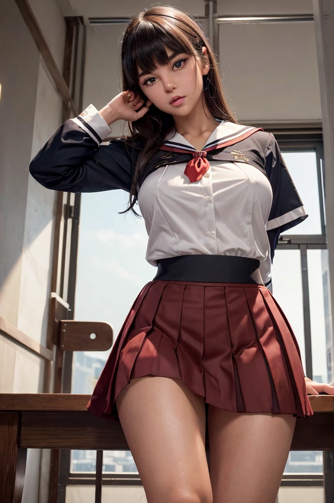 nsfw,(Highly detailed CG,Unity,8K wallpapers are so delicate and beautiful),(masterpiece),(Highest quality:1.0),(超High resolution:1.0),Beautiful lighting,Realistic Shadows,[High resolution],Detailed skin,Ultra-detailed,Detailed face and eyes,Realistic eyes,Sharp pupils,In the classroom,School,Beautiful Face,Beautiful girl,Glowing Skin,Side Up,Beautiful black hair,Blunt bangs,Sailor suit,Pleated mini skirt,Browsing Caution, ((Tabletop, Highest quality)), (Shiny skin),Highly detailed skin, Highly detailed face, Beautiful eyes in every detail,(((1 male and 1 female, Have ))), (Brown Hair, Straight Long Hair, I open my eyes, Round face), Large cleavage, (Sailor blouse, Lift up your pleated skirt yourself:1.3), (((Red nose, mischief))), avert your eyes, Drooling and flowing, (Spread your legs, Thigh focus), In the classroom, Man lying on floor、 Blue Hour, Shooting from below,Sailor blouseから何か大きなものが見えます、