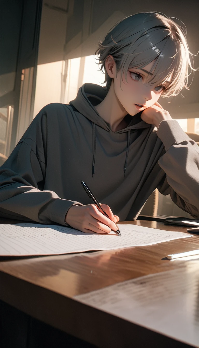 (8K, RAW photos, best quality, masterpiece: 1.4), (((Boy writing with pen on table)))，Ultra-high resolution, Extremely detailed, light, Desk lamp close-up, handsome boy, black eyes, (delicate eyes, Eyes are bright:1.2), Gray short hair, Fair skin,dark, Grey sweatshirt, sweatshirt with hood,(perfect anatomy:1.2), High-quality shadows, Natural Lighting, (White highlights:1.2), night, cloudy day, (at home:1.2), (Practice writing on the table:1.2)