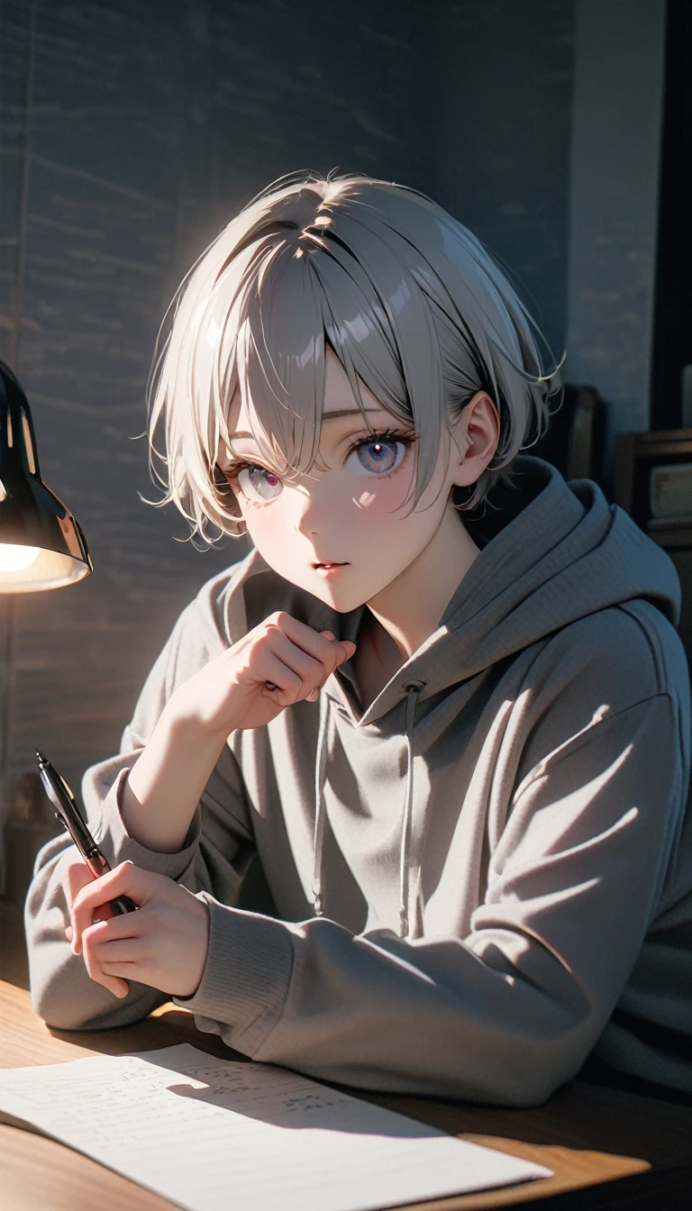 (8K, RAW photos, best quality, masterpiece: 1.4), (((Boy writing with pen on table)))，Ultra-high resolution, Extremely detailed, light, Desk lamp close-up, handsome boy, black eyes, (delicate eyes, Eyes are bright:1.2), Gray short hair, Fair skin,dark, Grey sweatshirt, sweatshirt with hood,(perfect anatomy:1.2), High-quality shadows, Natural Lighting, (White highlights:1.2), night, cloudy day, (at home:1.2), (Practice writing on the table:1.2)