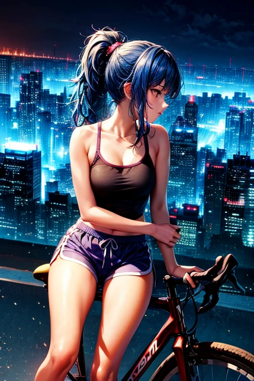 a girl sitting on top of bicycle, dolphin shorts, blue hair, ponytail, A futuristic cityscape
