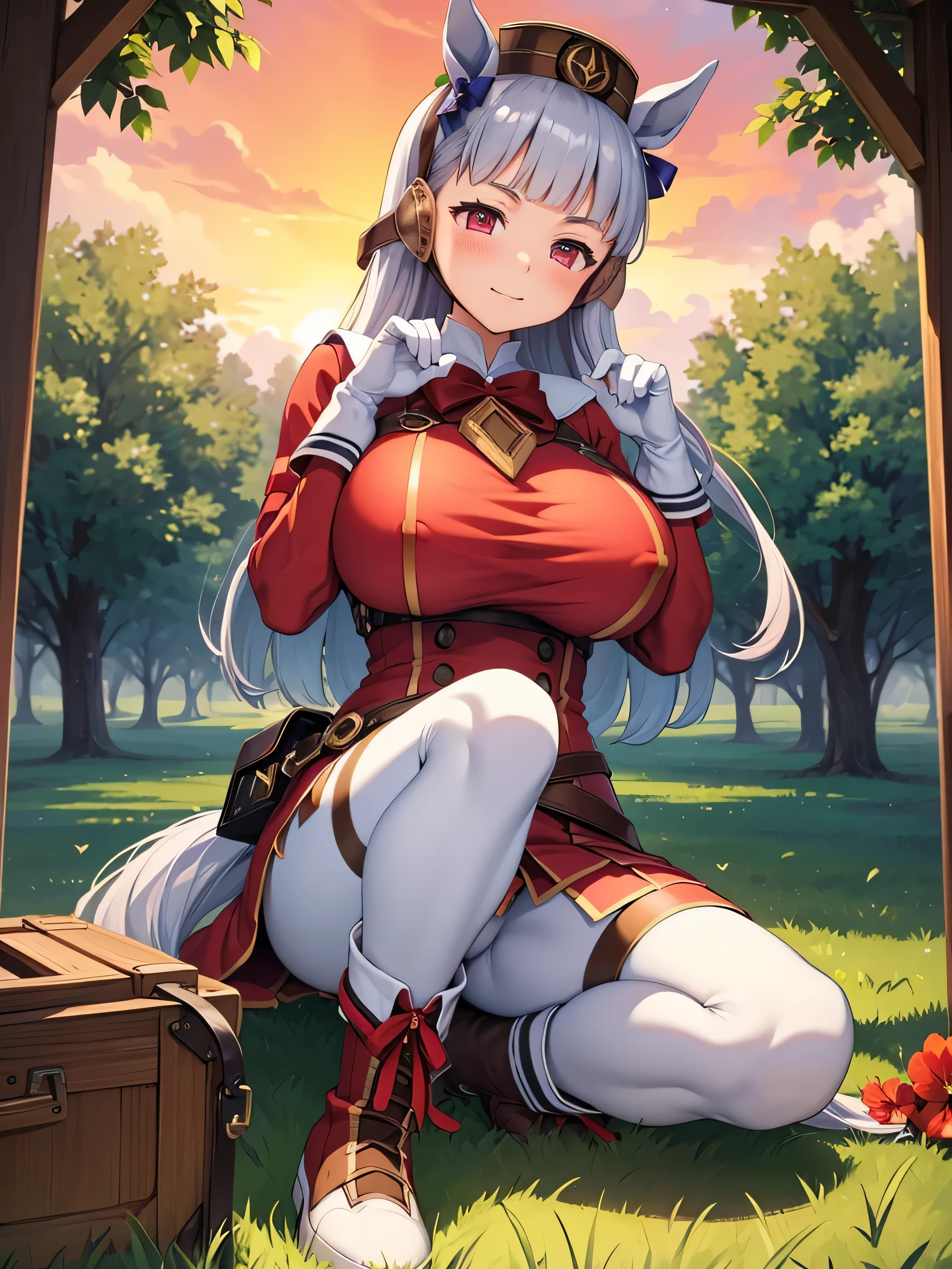 (masterpiece, Highest quality:1.2), alone, One girl, umpd gold ship, pillbox hat,Red dress,No sleeve, White Pantyhose, White gloves、boots, Horse tail,、grassland、Nature、blush、Wow smile、summer、Sunset、(Huge breasts:1.2)、Nipples are visible、Clothes are see-through、Cute pose、Spread your legs、Pantyhose bite、See-through pussy、、Kindergarteners、、、、の小さな体